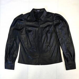 Express Black Faux Leather Button-Front Puff Sleeve Shirt